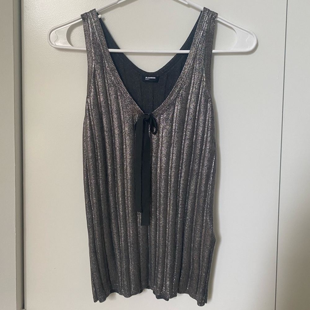 Jil Sander Navy Silver Silk Knit Top